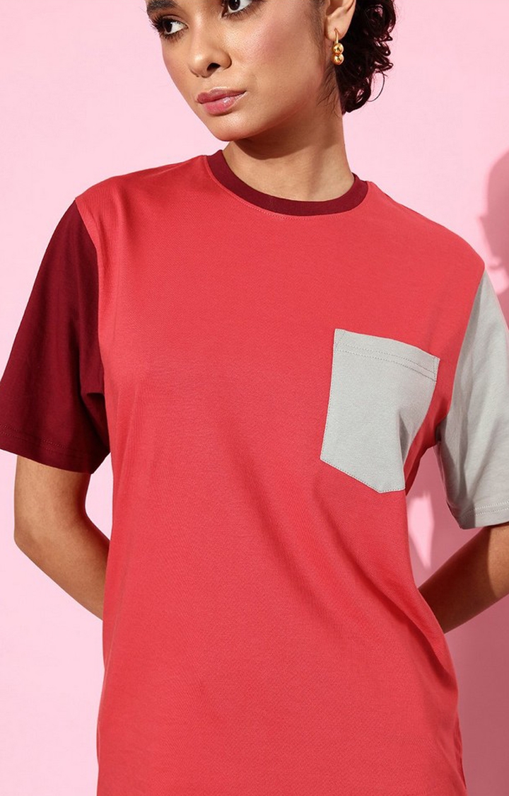 Women's Red Colourblock Oversized T-Shirt