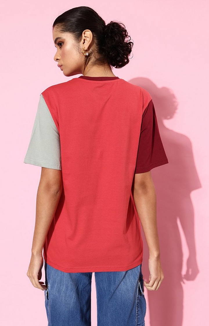 Women's Red Colourblock Oversized T-Shirt