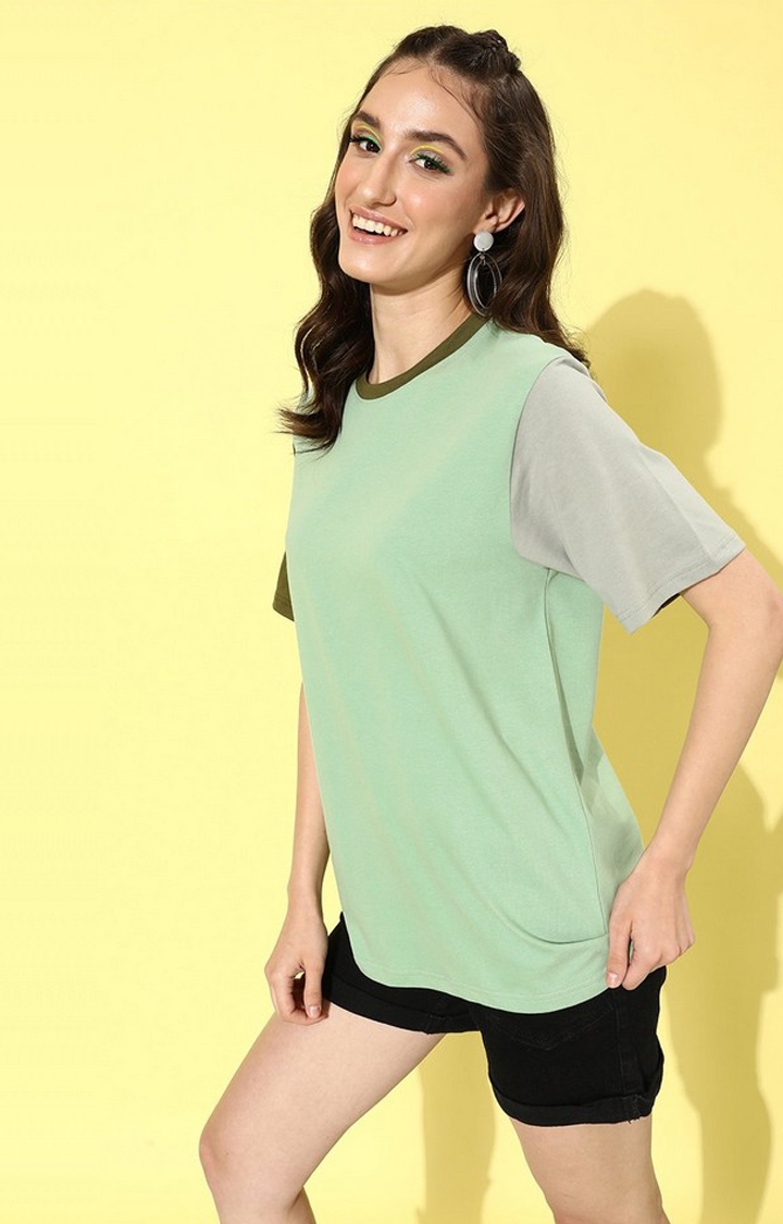 Women's Green Colourblock Oversized T-Shirt