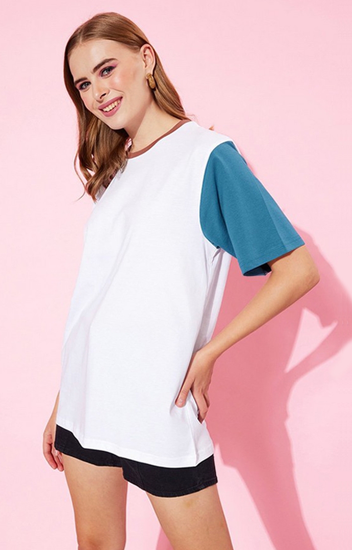 Women's White Colourblock Oversized T-Shirt