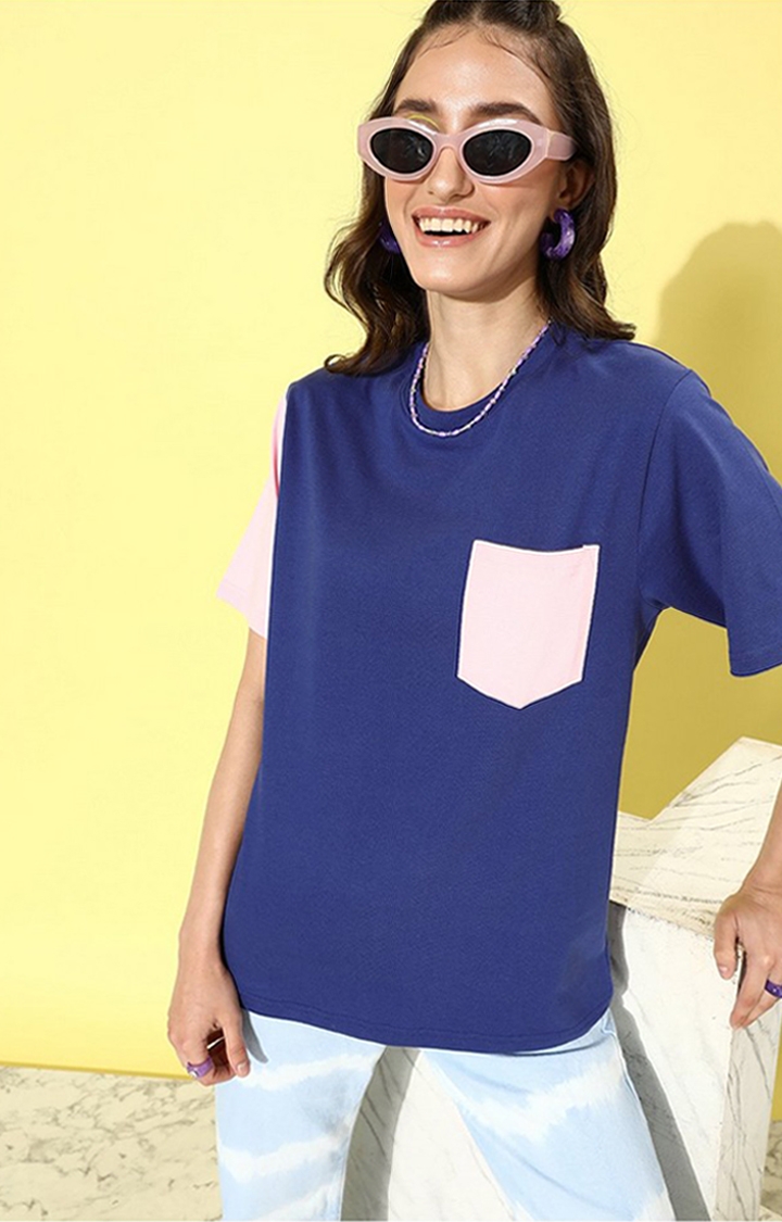 Dillinger | Women's Navy Blue Colourblock Oversized T-Shirt
