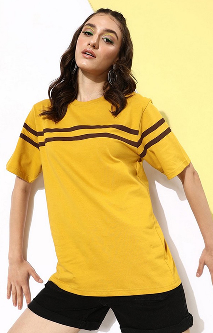 Women's Mustard Striped Oversized T-Shirt
