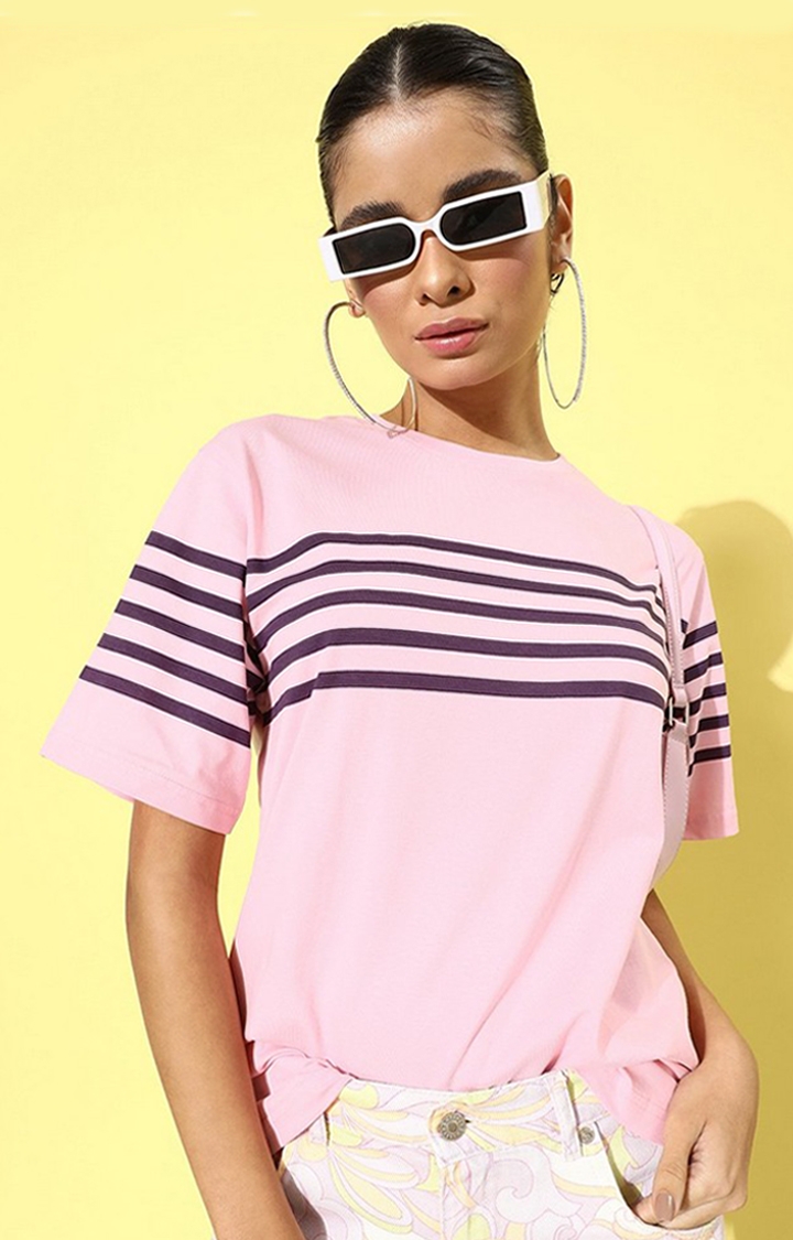Women's Pink Striped Oversized T-Shirt