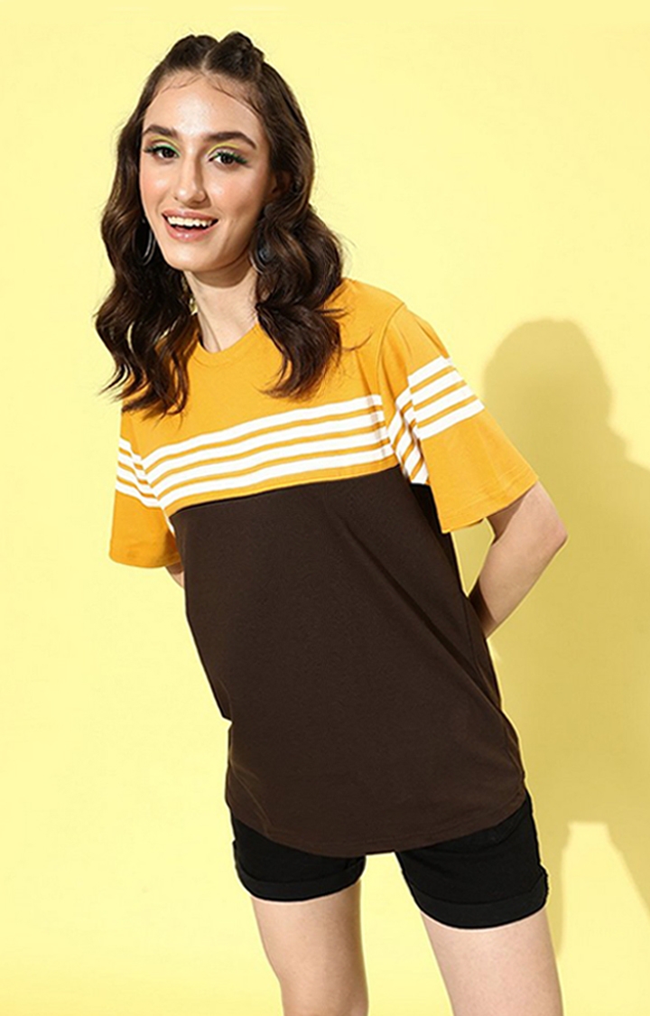 Dillinger | Women's Yellow & Brown Striped Oversized T-Shirt