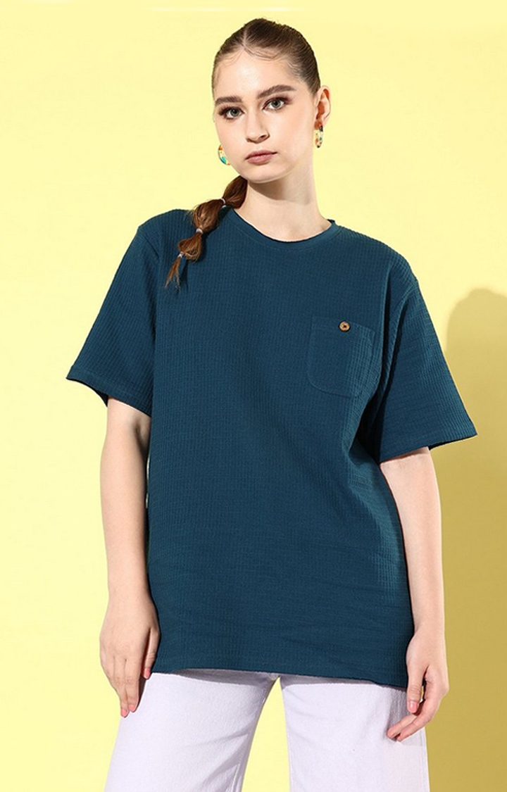 Women's Blue Solid Oversized T-Shirts
