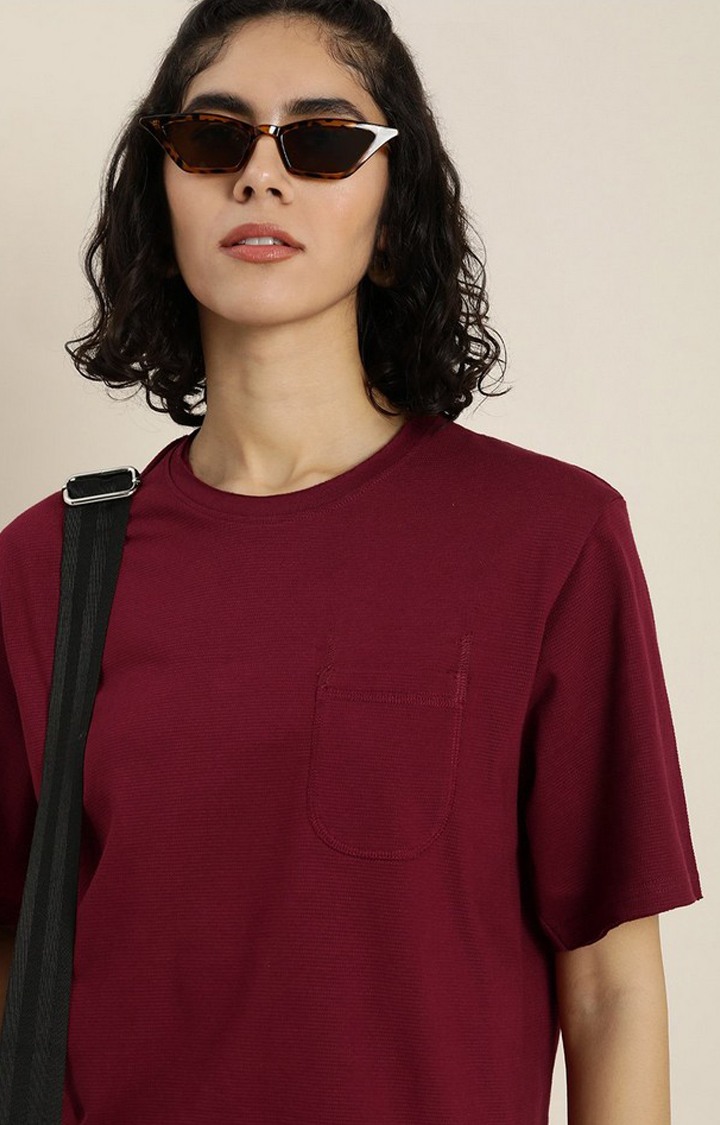 Women's Maroon Solid Oversized T-Shirts