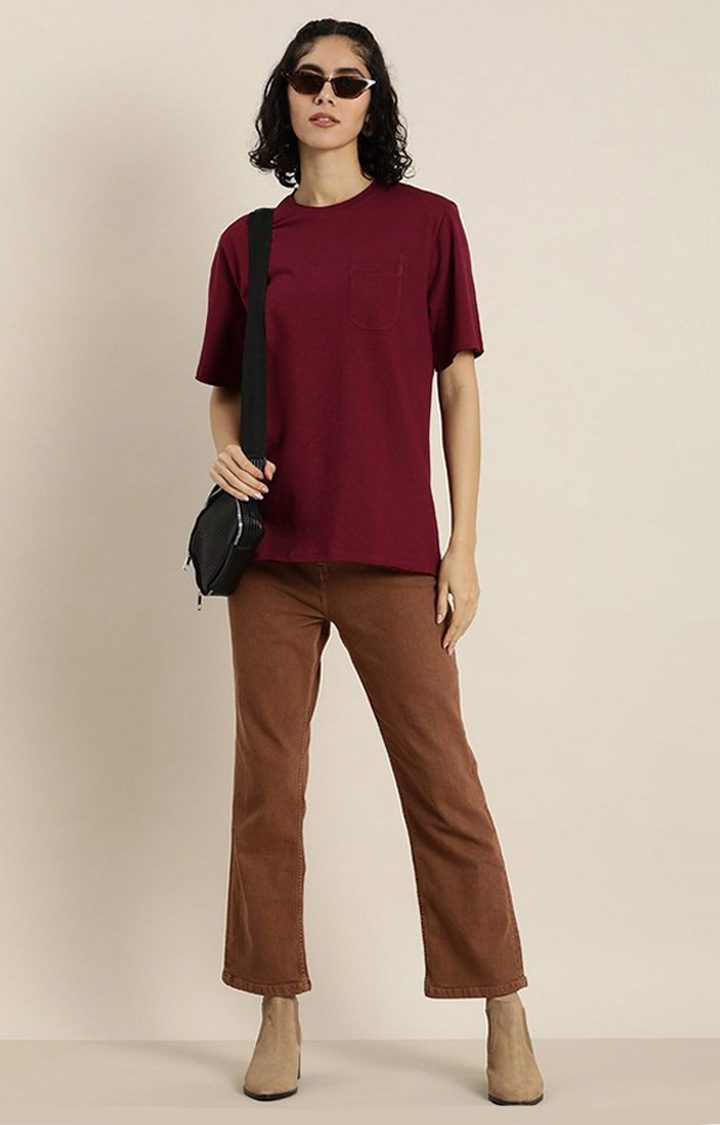 Women's Maroon Solid Oversized T-Shirts