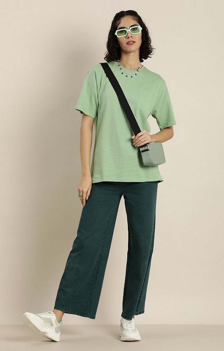 Women's Green Solid Oversized T-Shirts