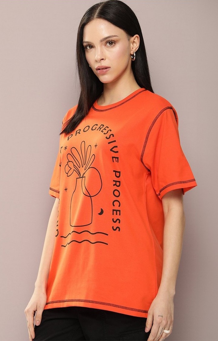 Women's Orange Graphic Oversized T-Shirt