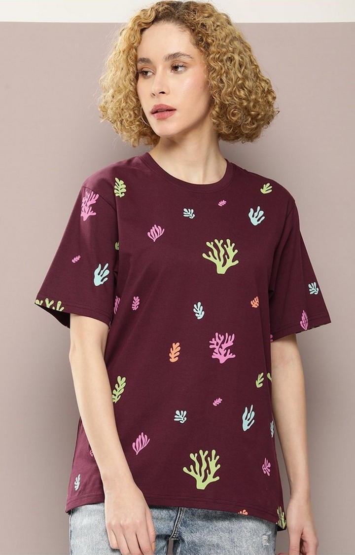 Women's Maroon Graphic Oversized T-Shirt