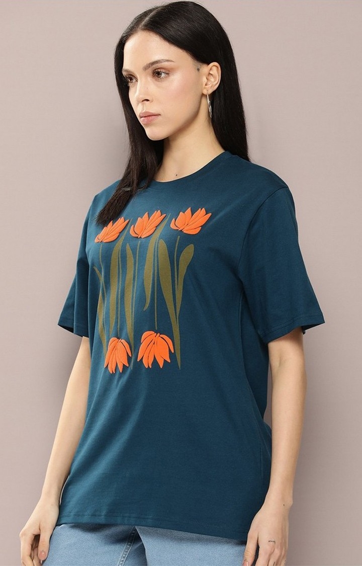 Women's Blue Graphic Oversized T-Shirt
