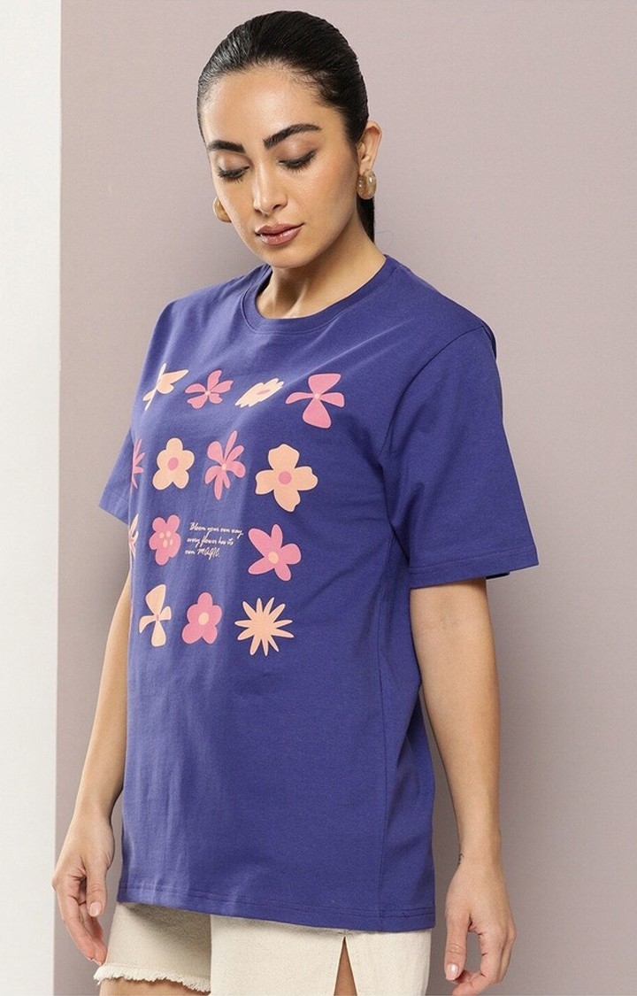 Women's Navy Blue Graphic Oversized T-Shirt