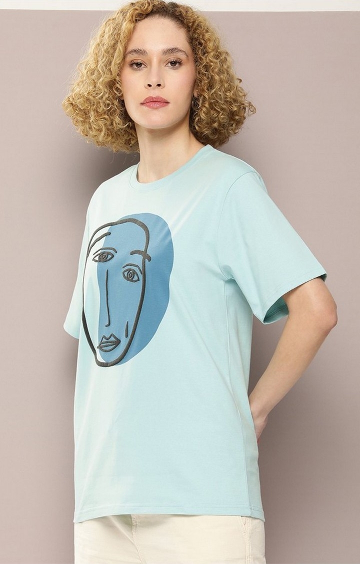 Women's Turquoise Blue Graphic Oversized T-Shirt