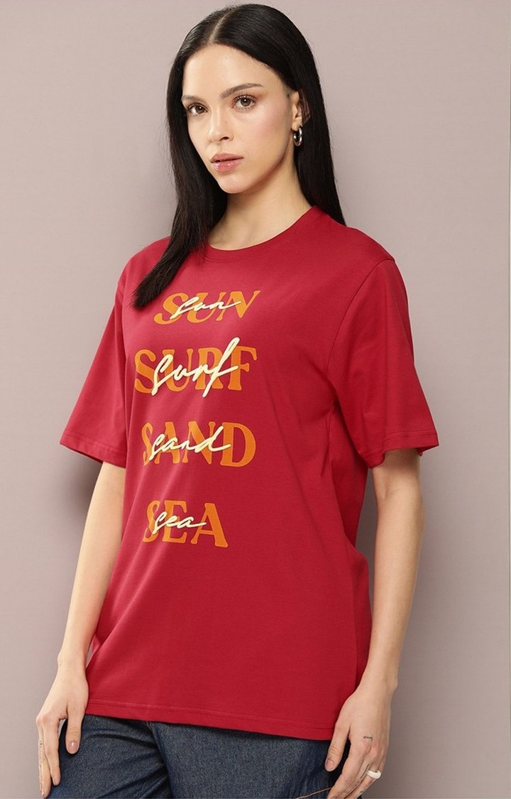 Women's Red Graphic Oversized T-Shirt