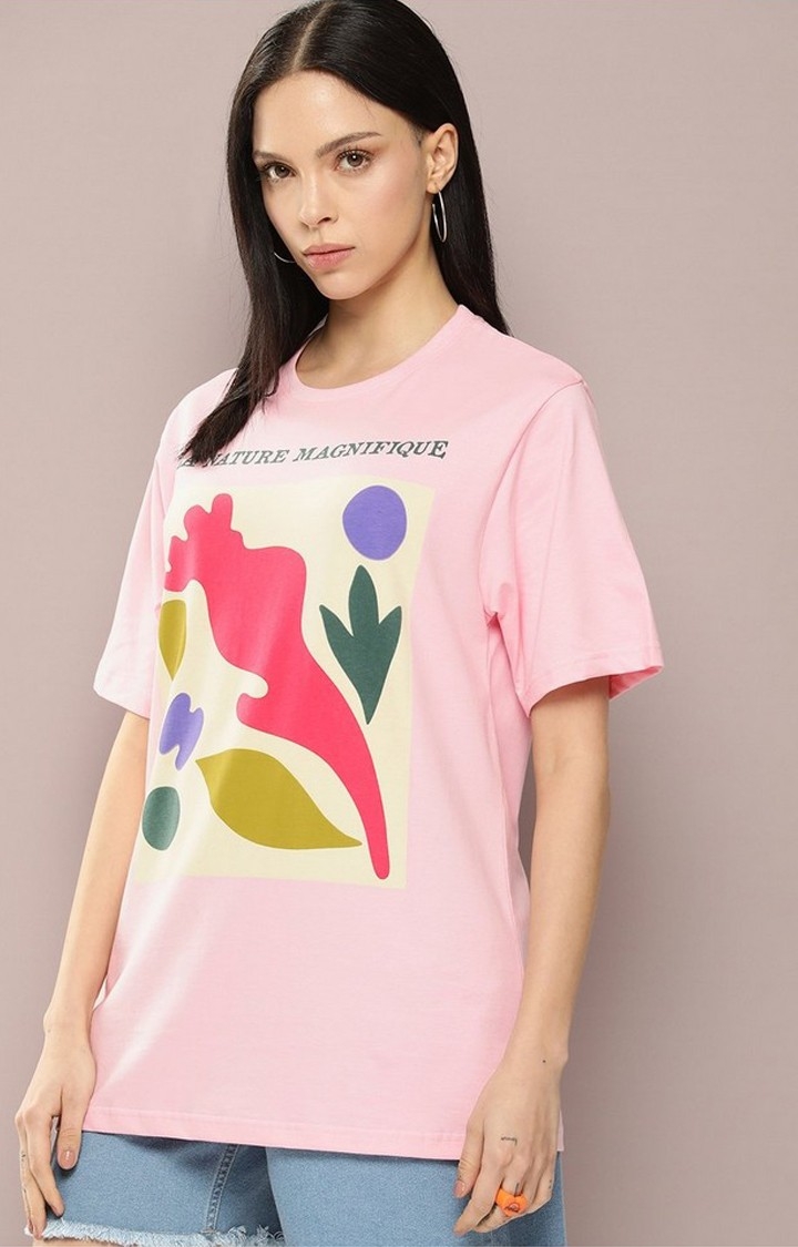 Women's Pink Graphic Oversized T-Shirt