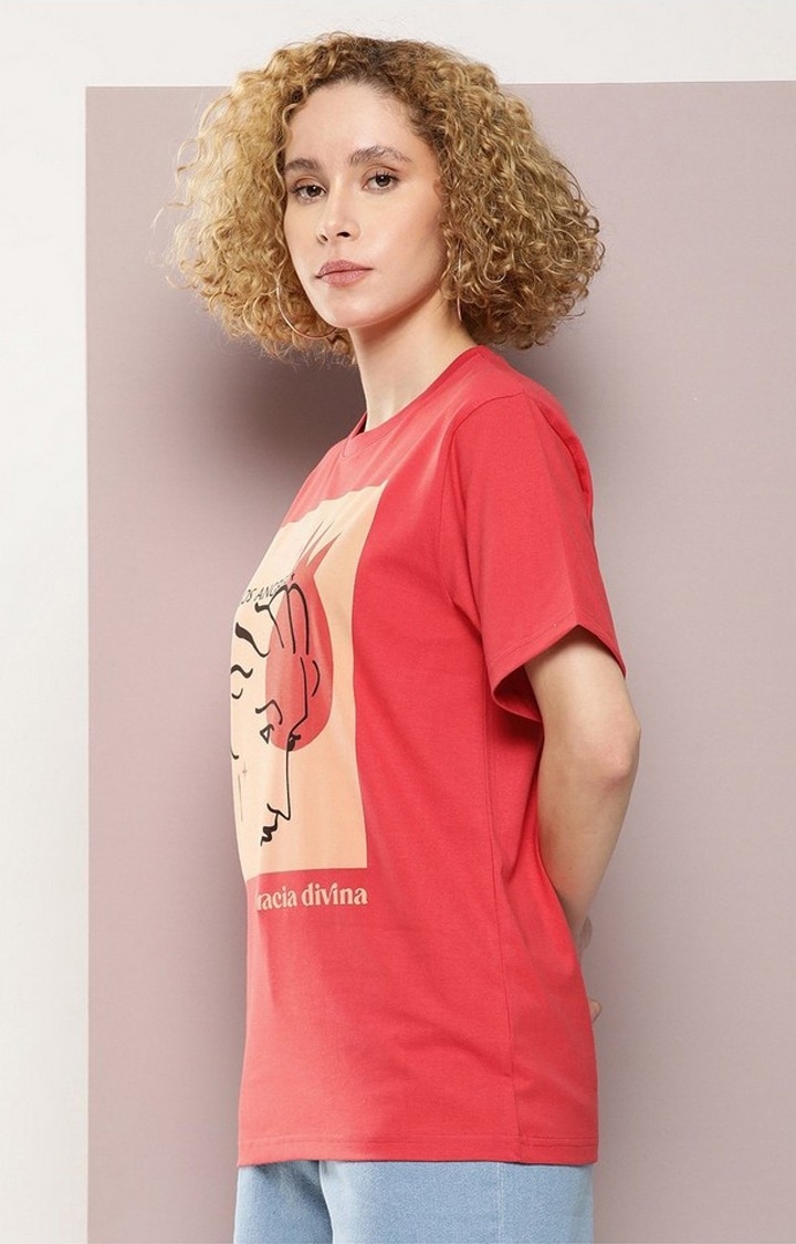 Women's Red Graphic Oversized T-Shirt