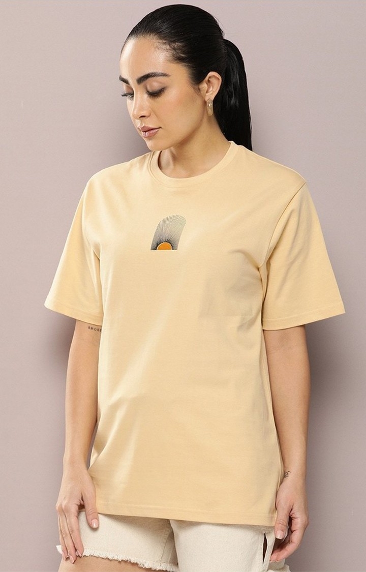 Women's Beige Graphic Oversized T-Shirt