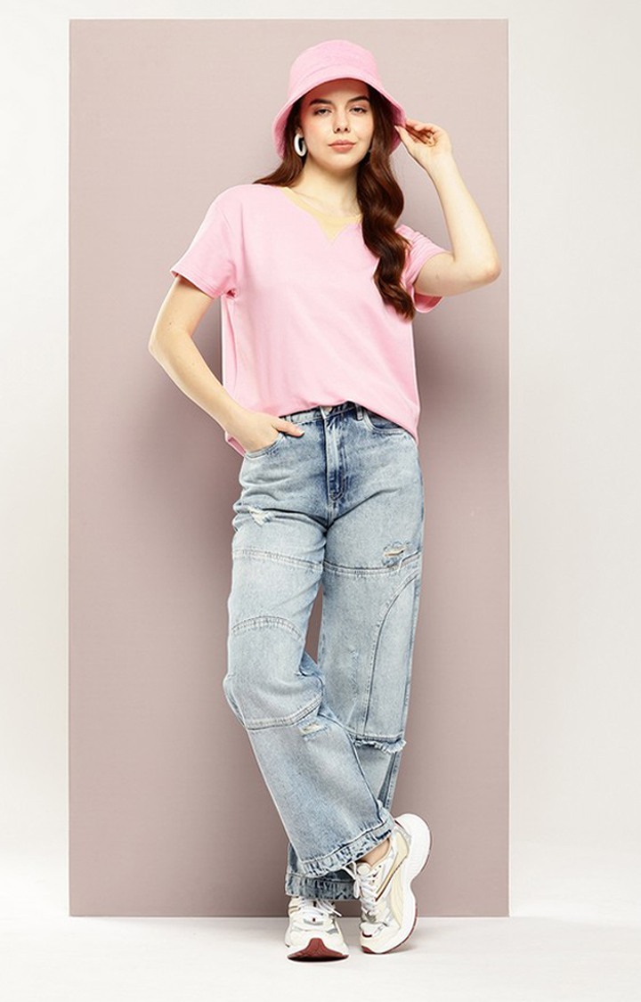 Women's Pink Cotton Solid Boxy T-Shirt