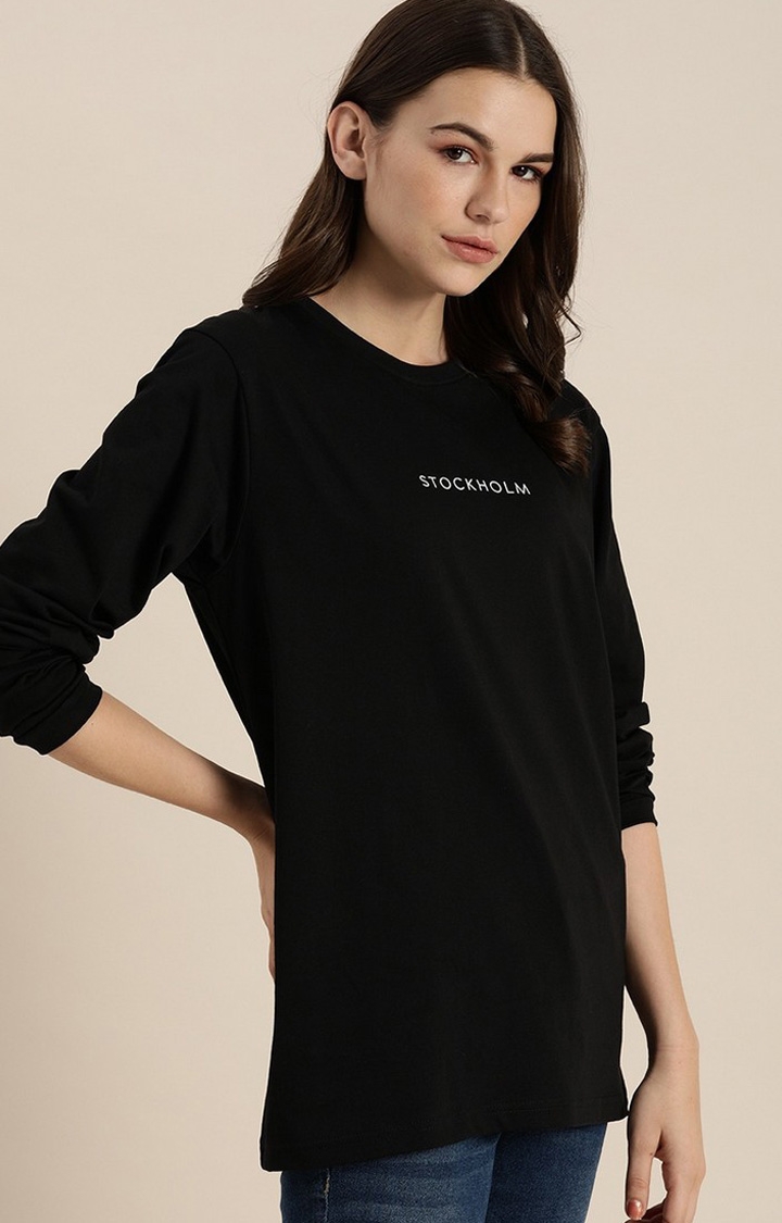 Women's Black Cotton Typographic Printed Oversized T-Shirt