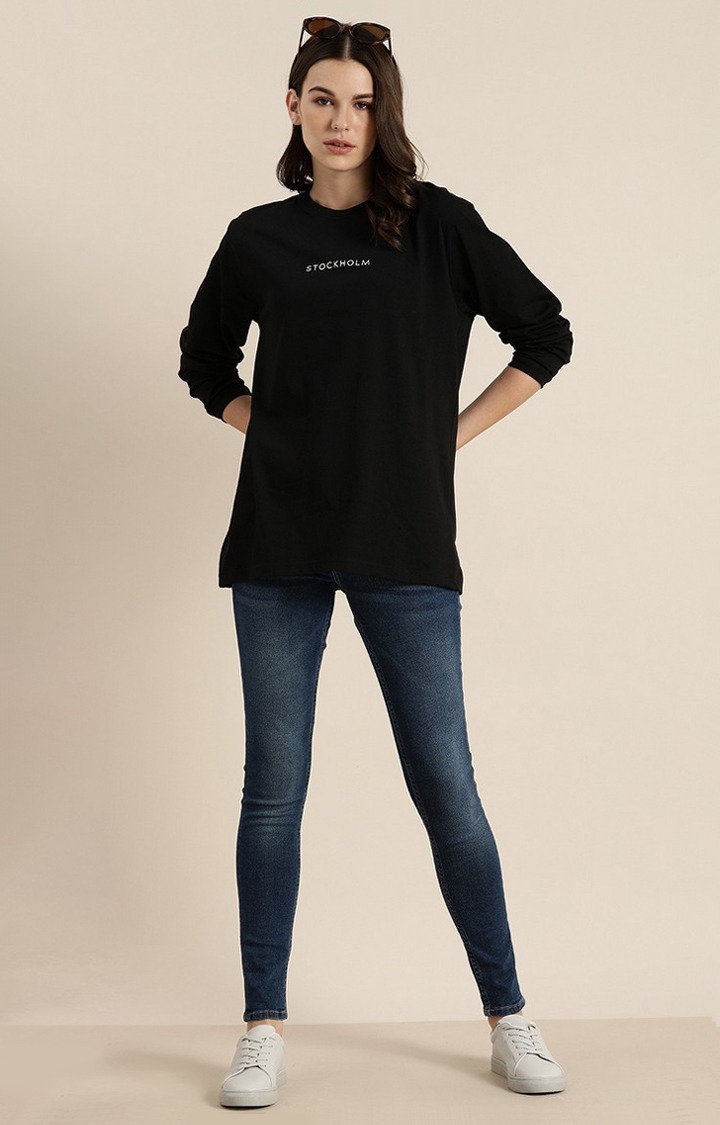Dillinger | Women's Black Cotton Typographic Printed Oversized T-Shirt 1