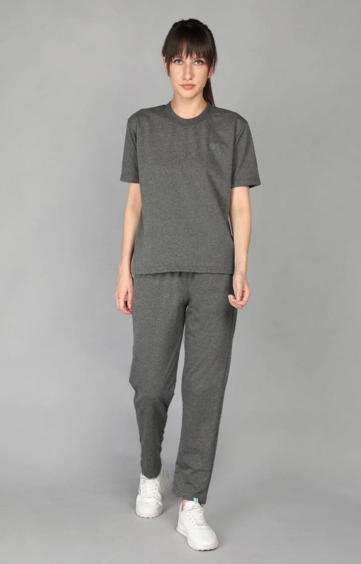 Women's Anthara Grey Melange Textured Cotton Trackpant