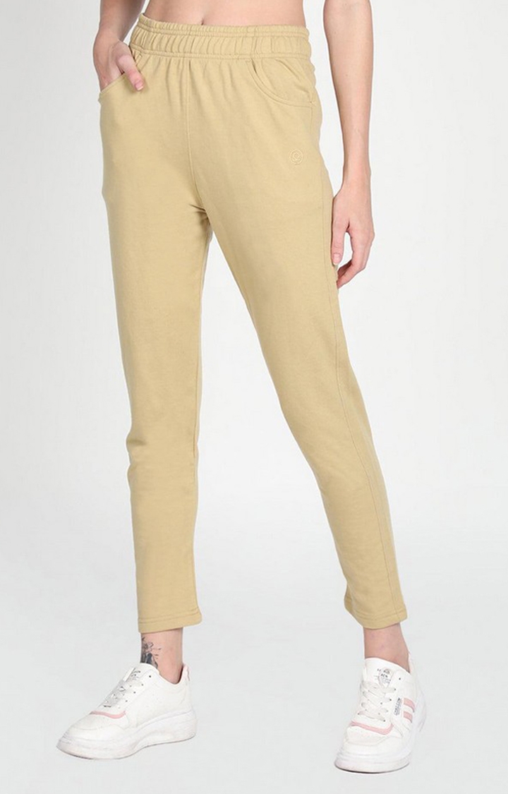 Women's Beige Solid Cotton Trackpant