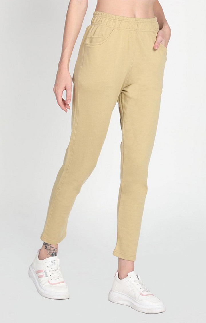 Women's Beige Solid Cotton Trackpant