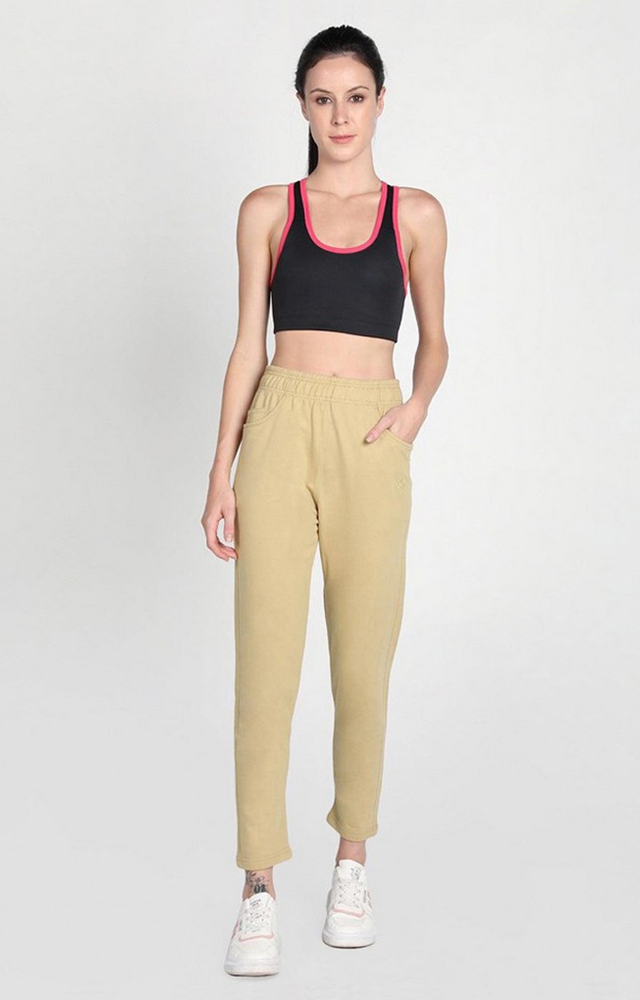 Women's Beige Solid Cotton Trackpant