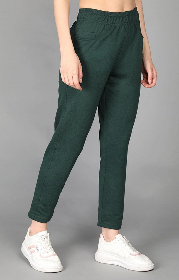 Women's Bottle Green  Solid Cotton Trackpant