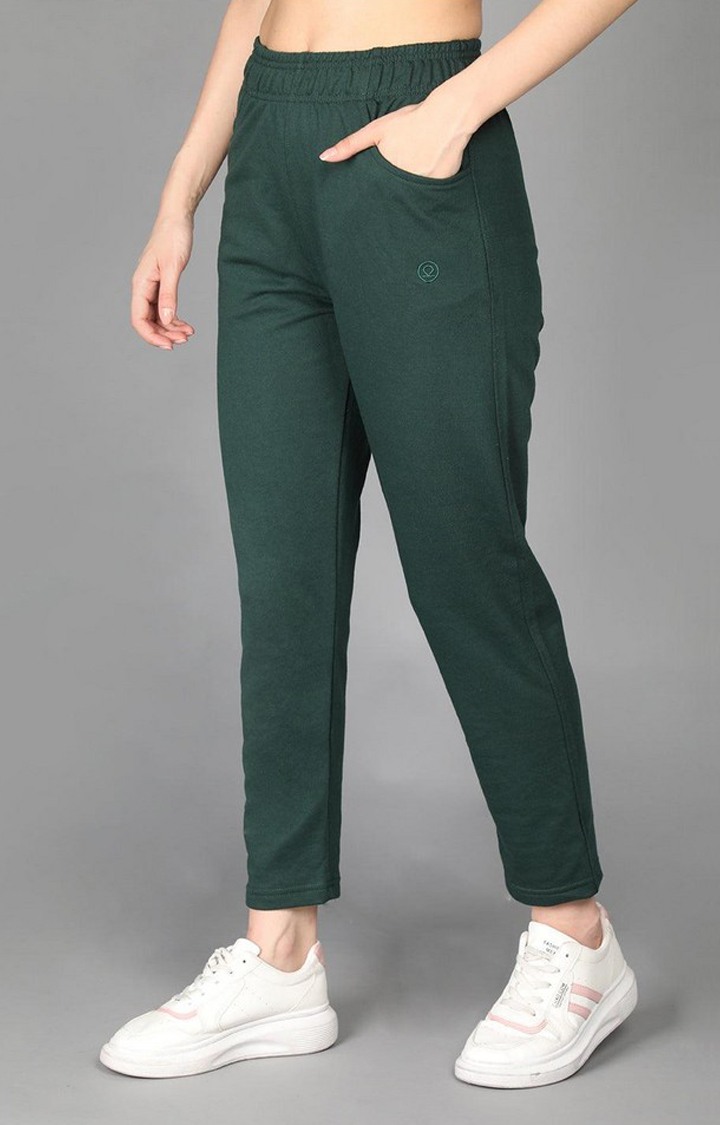 Women's Bottle Green  Solid Cotton Trackpant