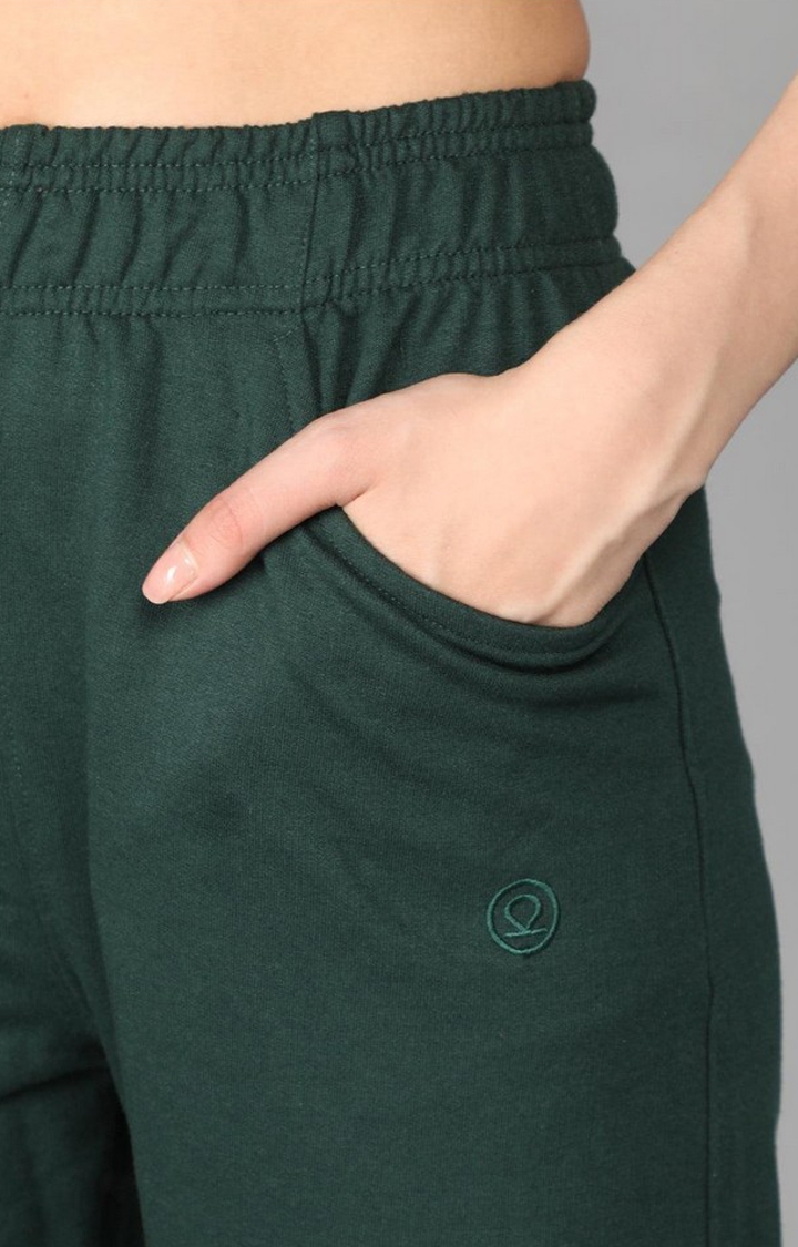 Women's Bottle Green  Solid Cotton Trackpant