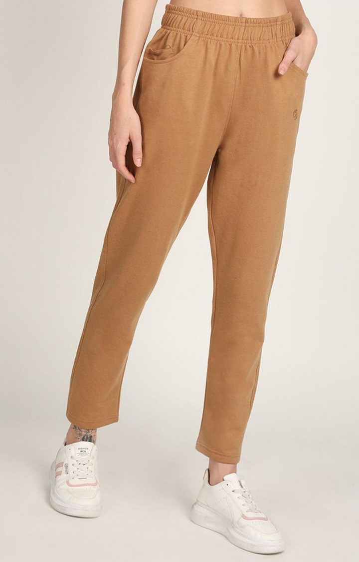 Women's Brown Solid Cotton Trackpant
