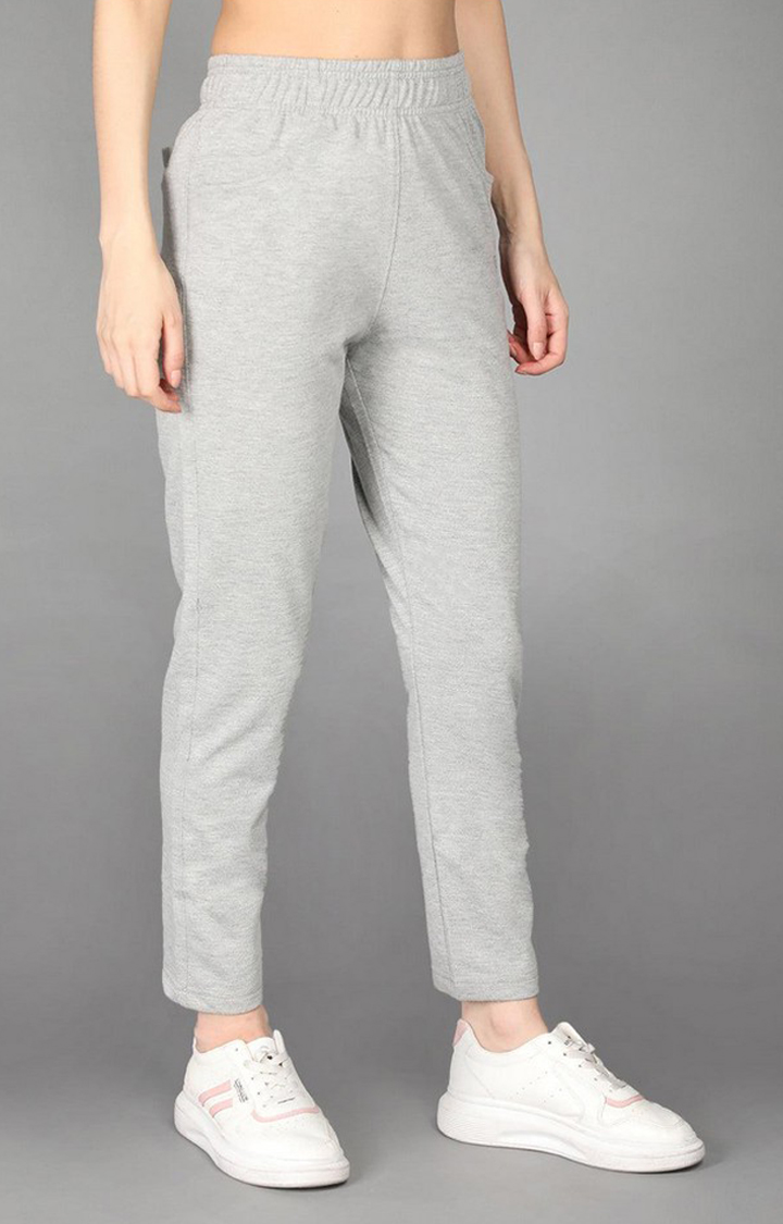 Women's Light Grey Melange Textured Cotton Trackpant