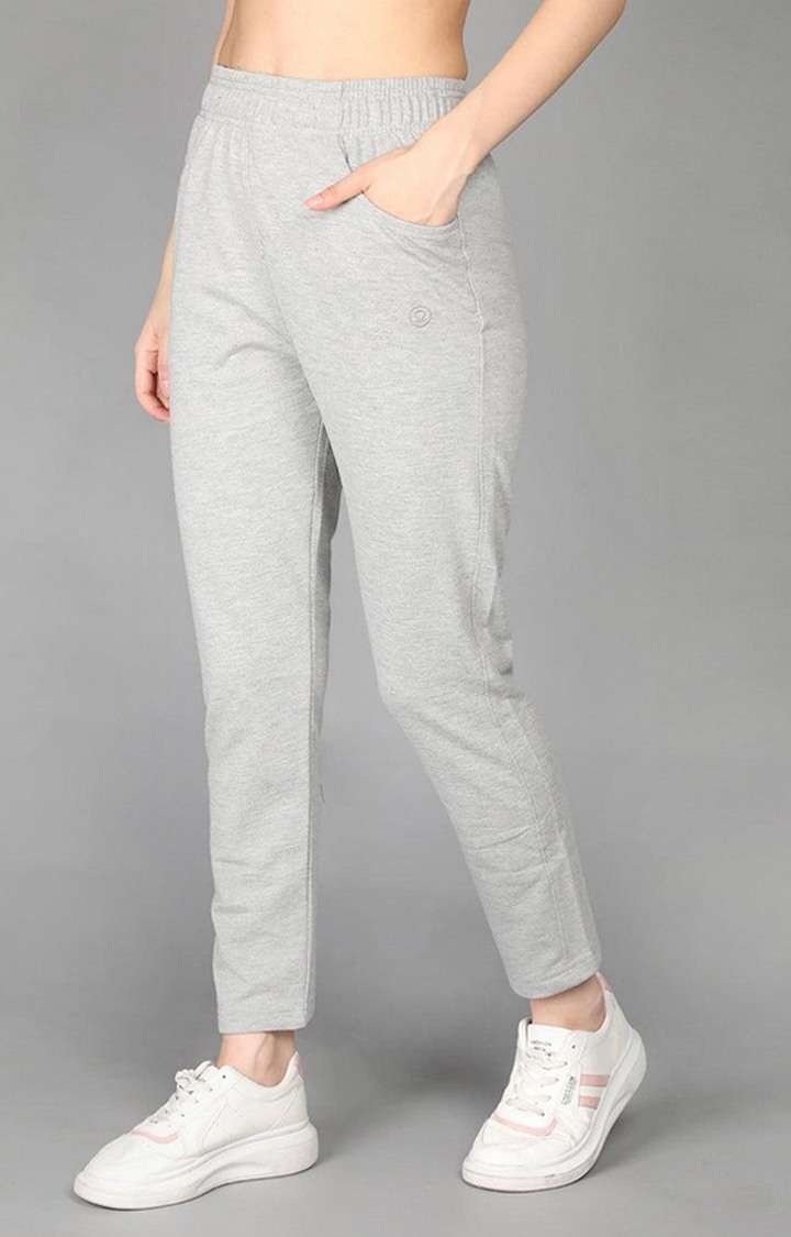 Women's Light Grey Melange Textured Cotton Trackpant