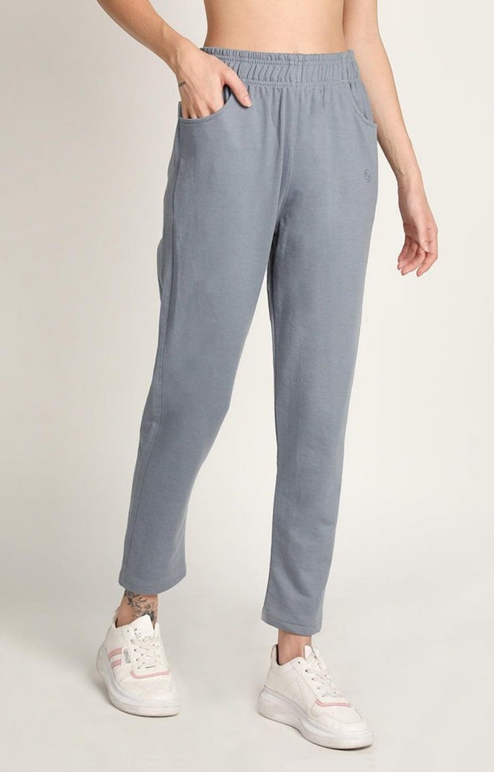 Women's Grey Solid Cotton Trackpant