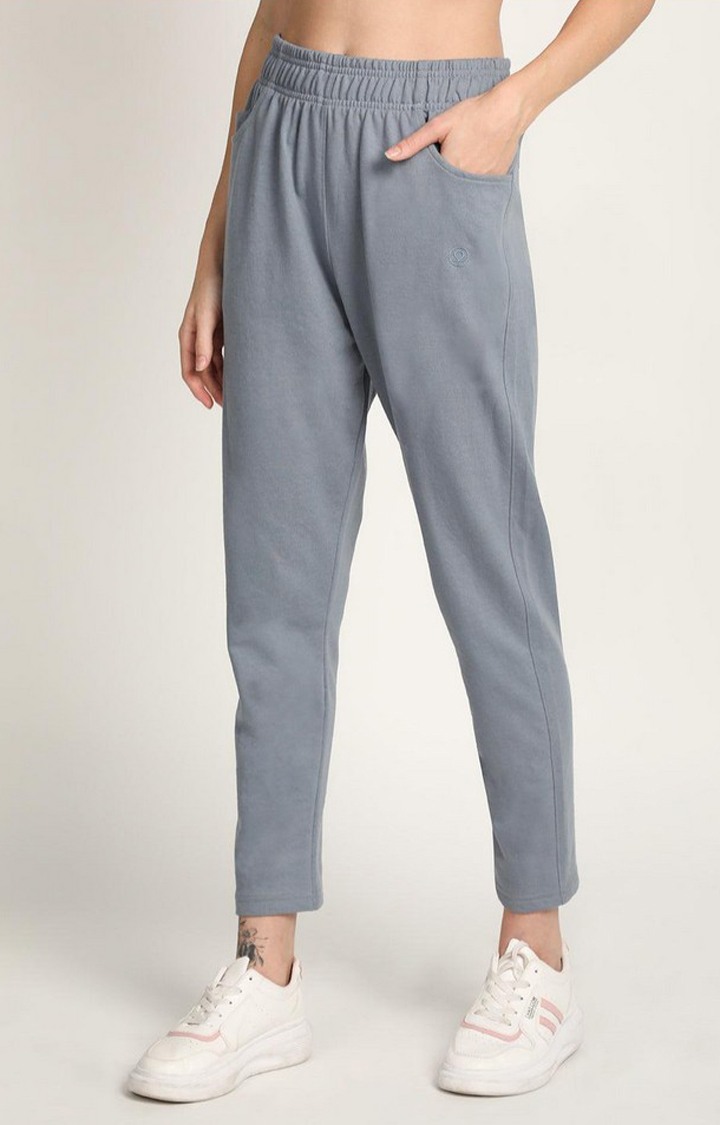 Women's Grey Solid Cotton Trackpant