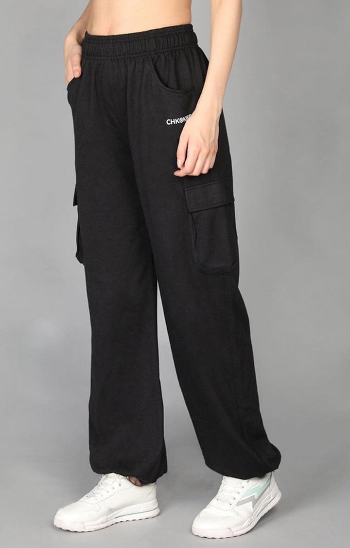 Women's Black Solid Cotton Cargo