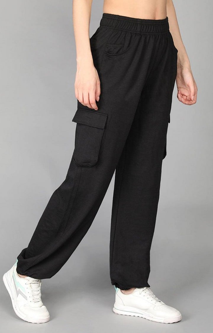 Women's Black Solid Cotton Cargo