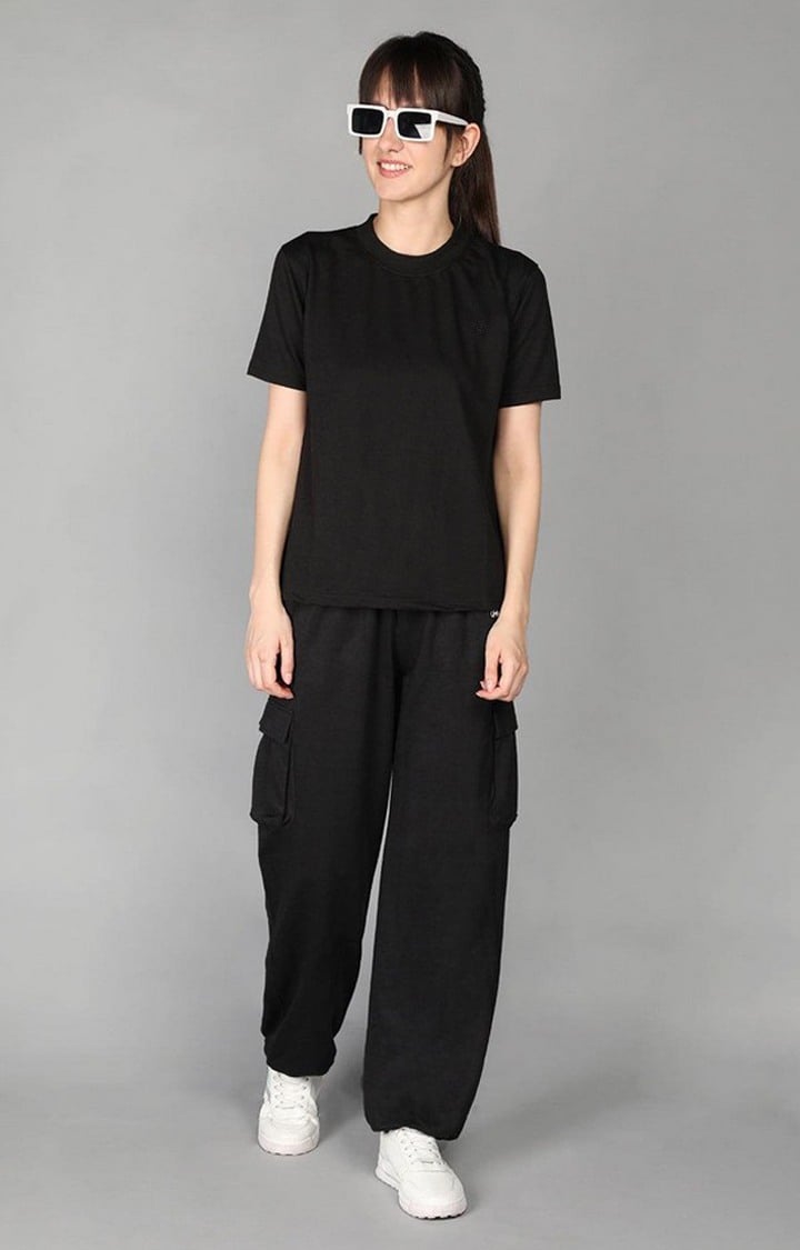 Women's Black Solid Cotton Cargo