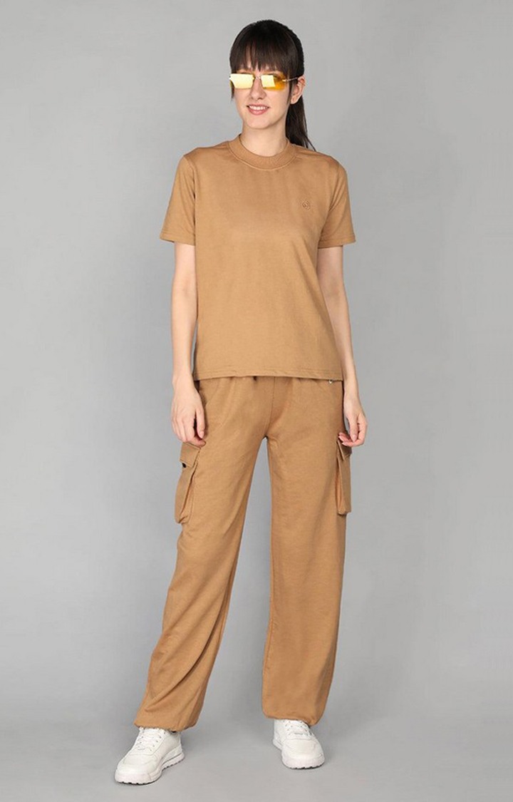 Women's Brown Solid Cotton Cargo