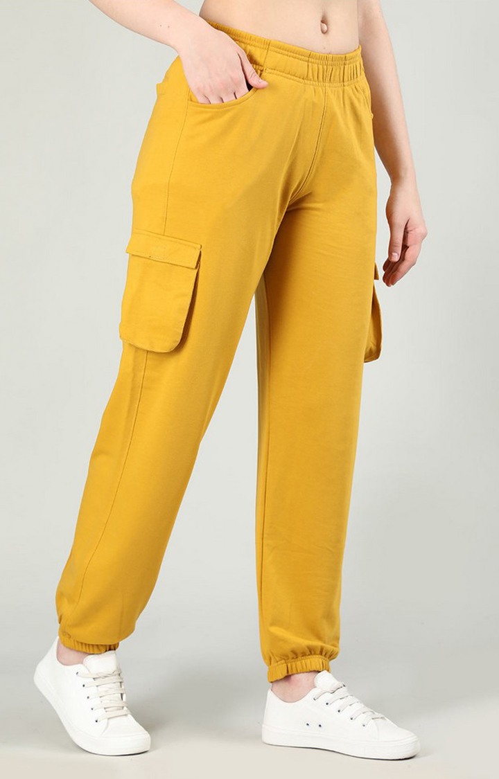 Women's Mustard Solid Cotton Cargo