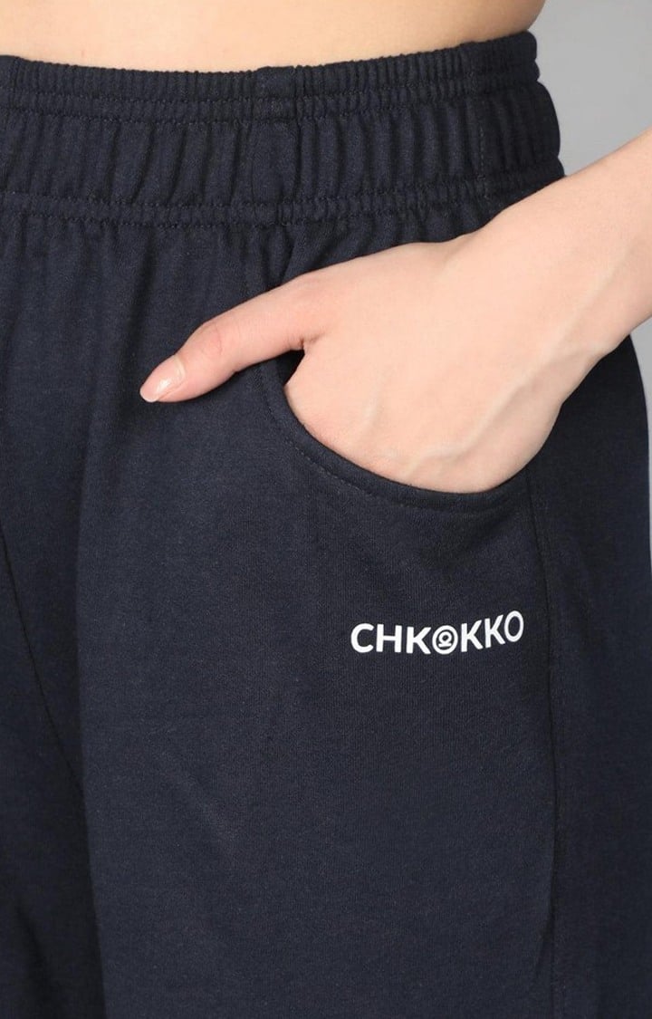 Women's Navy Blue Solid Cotton Cargo