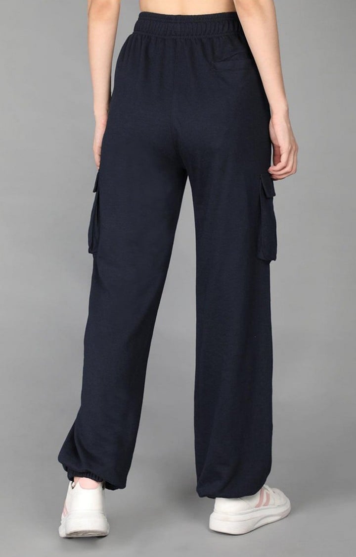 Women's Navy Blue Solid Cotton Cargo