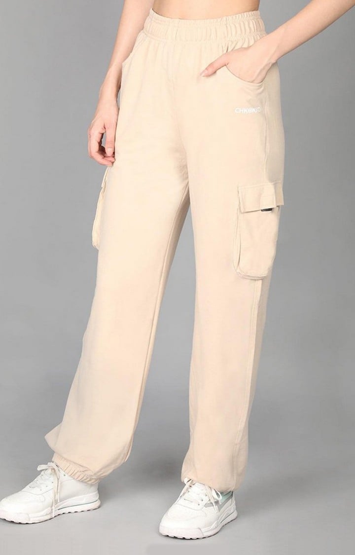 Women's Beige Solid Cotton Cargo