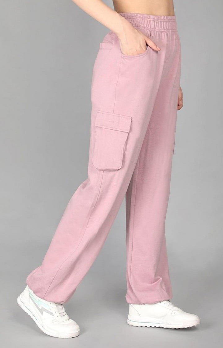 Women's Pink Solid Cotton Cargo
