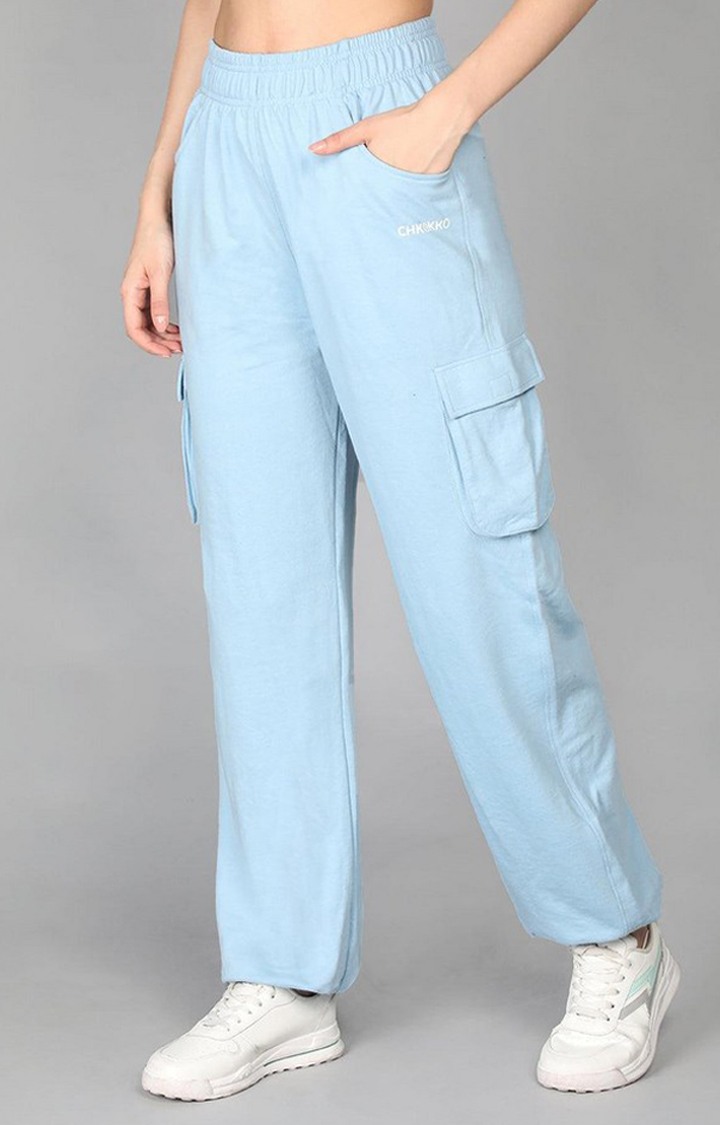 Women's Sky Blue Solid Cotton Cargo