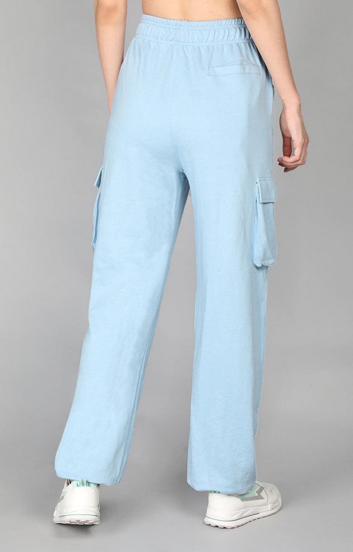 Women's Sky Blue Solid Cotton Cargo