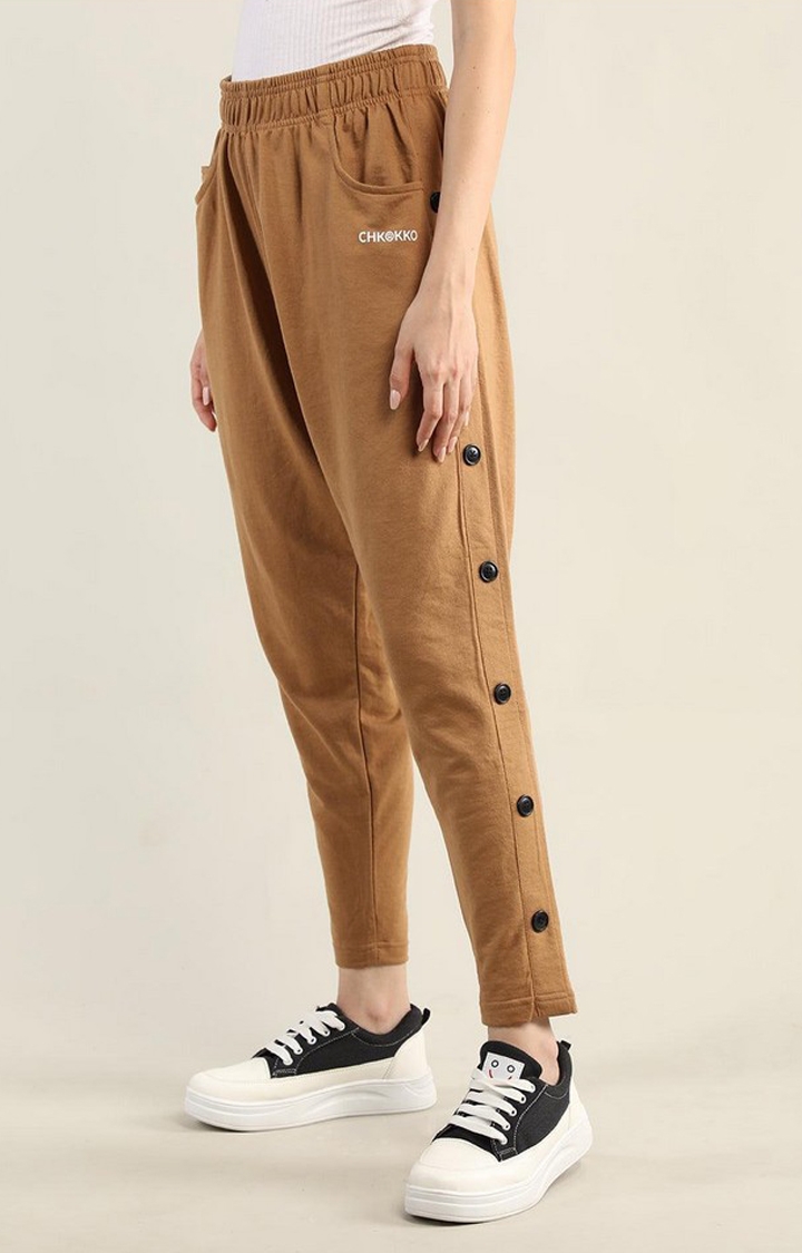 Women's Brown Solid Cotton Trackpant