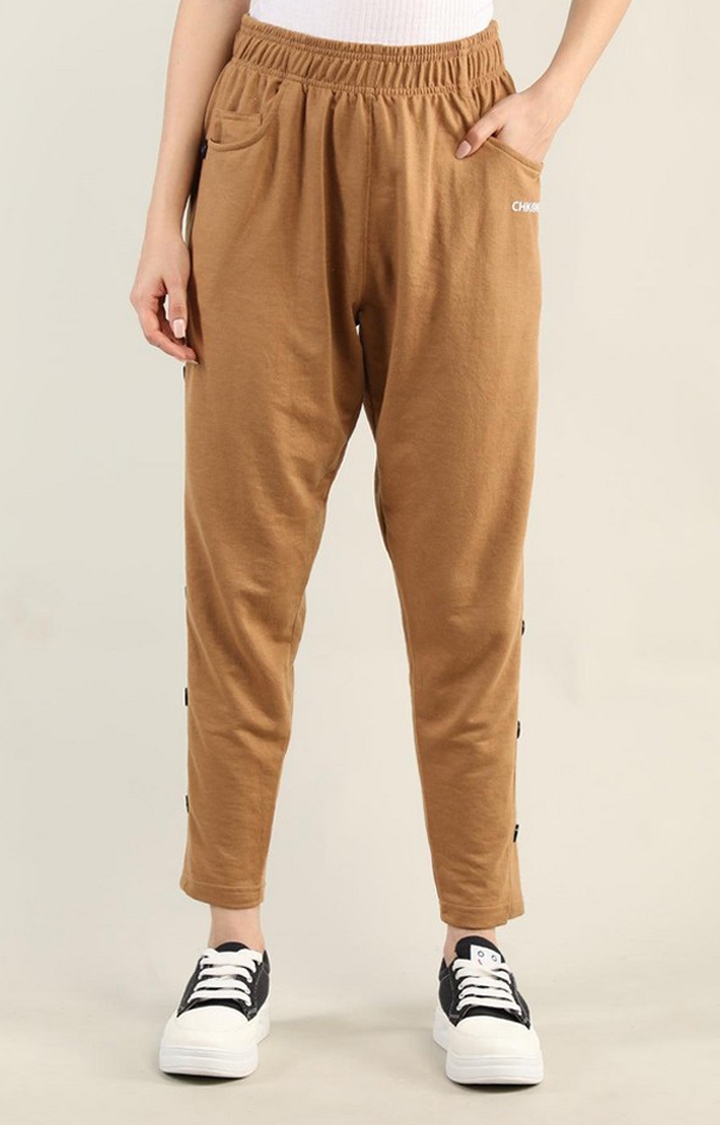 CHKOKKO | Women's Brown Solid Cotton Trackpant
