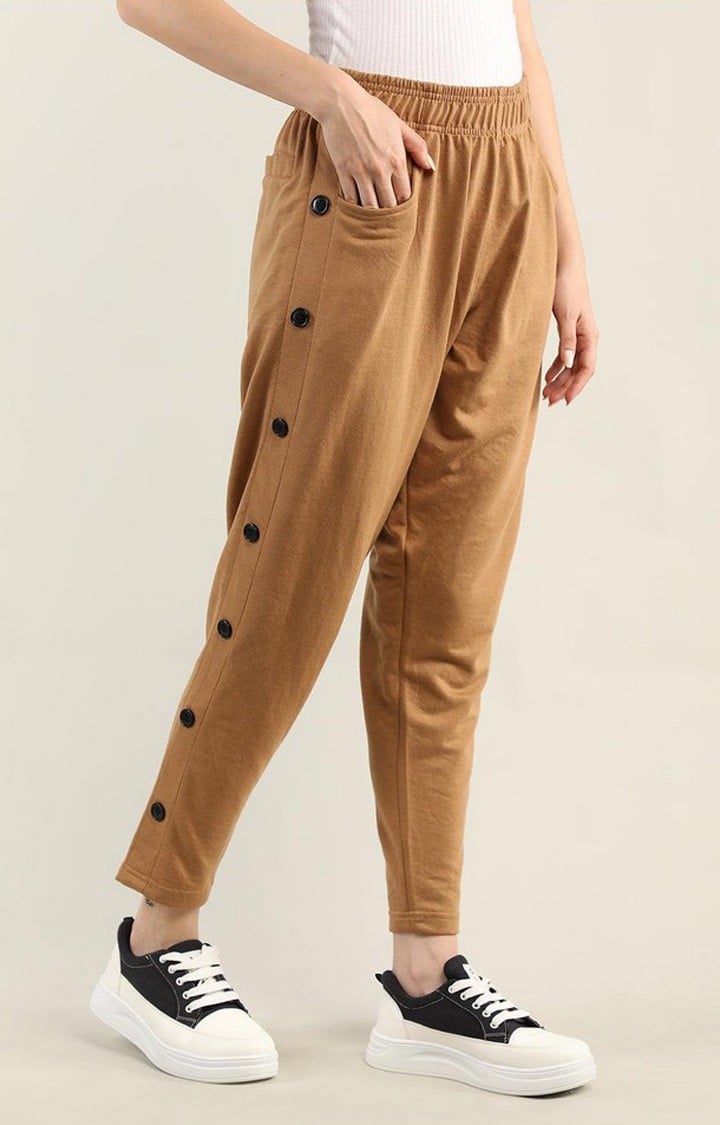 Women's Brown Solid Cotton Trackpant